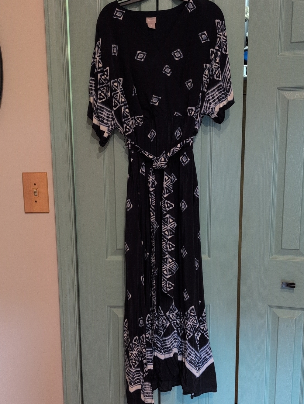 Chico's Navy Blue and White Geometric Maxi Dress with Tie Waist
